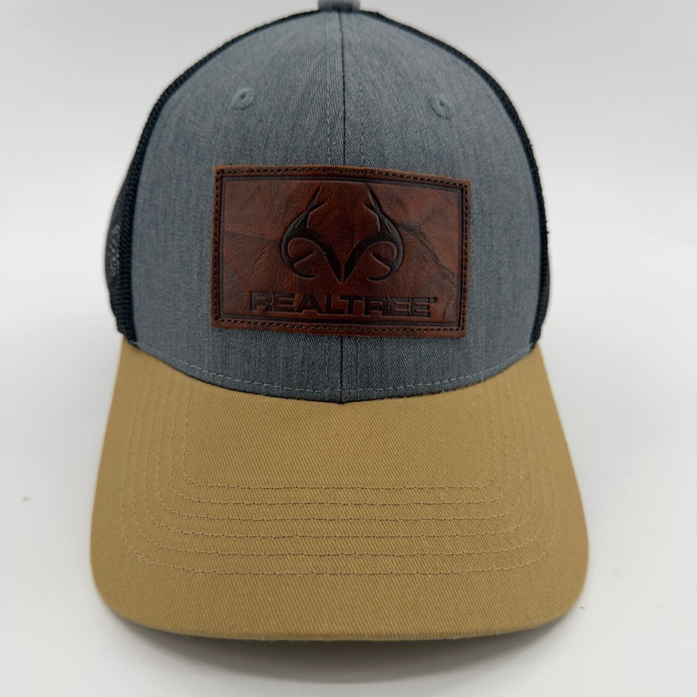 Realtree Outdoor Cap Mens Grey Tan Mesh Snapback Trucker Hat Leather Logo Patch